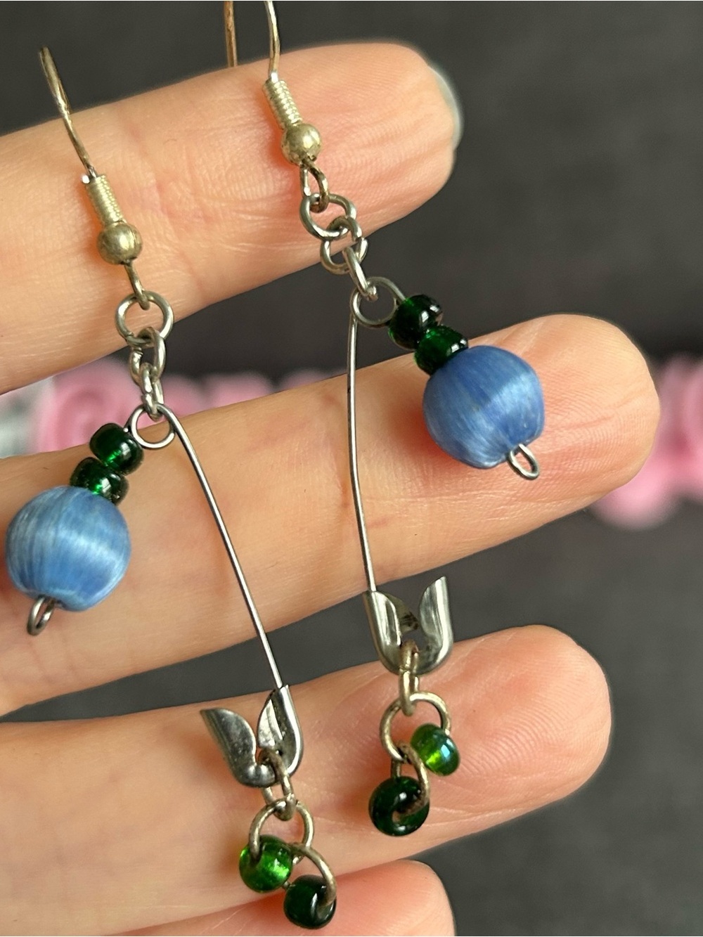Handcrafted Safety Pin Earrings with Colorful Beads, Silver, Blue, Green - Picture 3 of 15